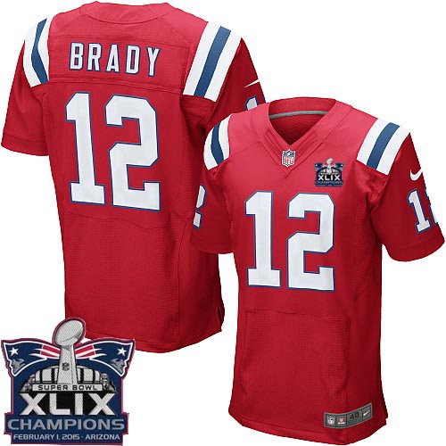 Men's Elite Tom Brady Super Bowl XLIX Champions Nike Jersey Red Alternate - #12 NFL New England Patriots